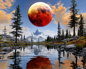 Fiery Orange Moon Over Snowcapped Mountains and Tranquil Lake