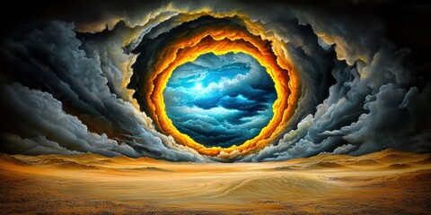 Fiery Ring Encircling Blue Sky Above a Desert Landscape