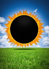 Fiery Sun Over Green Field Surreal Landscape