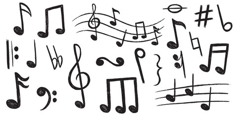 Crayon music notes set. Chalk doodle musical symbols collection. Kids pencil textured symbols. Charcoal brush scribbled music signs bundle. Sound elements. Hand drawn vector illustration   © PawLoveArt