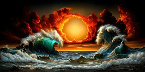 Fiery Sunset Over Crashing Ocean Waves