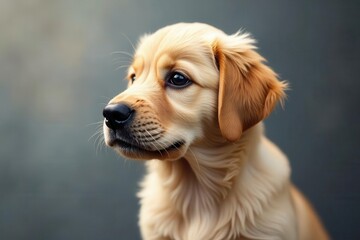 Golden retriever pup, captivating gaze, artistic gray brushstrokes , adorable, cute dog, fur