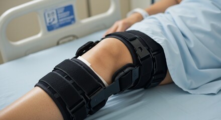 Close-up of a Patient's Leg in a Knee Brace Lying in a Hospital Bed