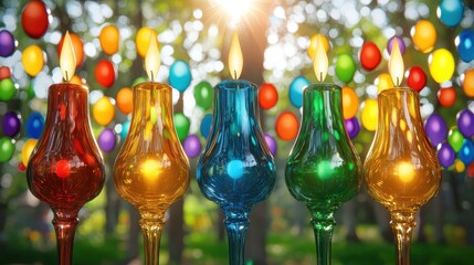 Five Colorful Glass Candle Holders with Lit Candles in a Sunlit Park