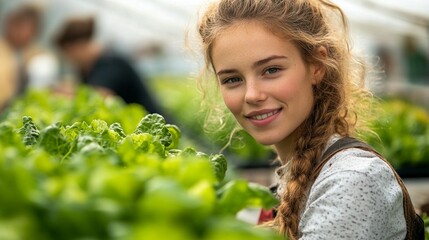 Woman tending plants in a greenhouse