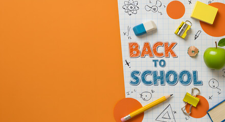 doodle on checkered paper background, vector, illustration. wallpaper, A vibrant graphic design of a "Back to School" banner on a grid paper background, Welcome Back to school horizontal banner, 