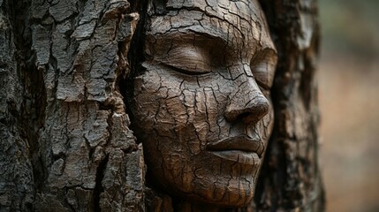 Woman's face carved into a tree trunk