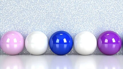 Five Glossy Spheres in Pink, White, Blue, and Purple on Silver Background