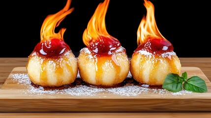 Flaming Desserts with Red Glaze on Wooden Board