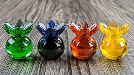 Four Colorful Glass Pomegranate Figurines on Wood