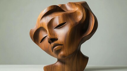 Wood carving of a serene female head