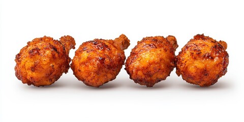 Four Crispy Golden Brown Chicken Drumettes on White Background