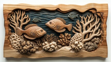 Wood carving of an underwater scene with coral reef and fish