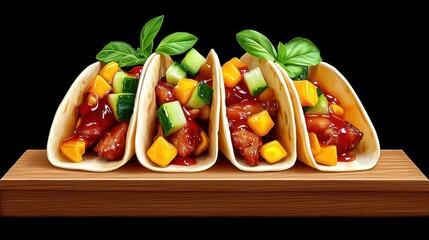 Four Delicious Tacos with Mango Salsa and Grilled Meat on Rustic Wooden Board
