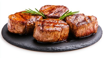 Four Grilled Meat Medallions on Black Slate Plate with Rosemary