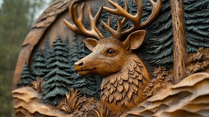 Wood carving of deer head in forest scene