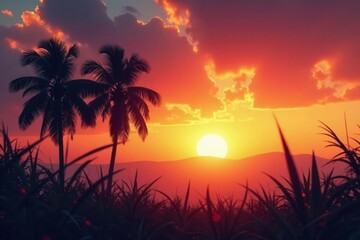 Obraz premium Golden sunset hues paint sky behind dark palm trees , ocean, vacation