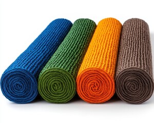 Four Rolled Textured Rugs in Blue Green Orange and Brown on White Background