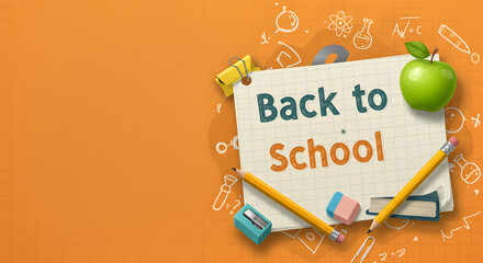 doodle on checkered paper background, vector, illustration. wallpaper, A vibrant graphic design of a "Back to School" banner on a grid paper background, Welcome Back to school horizontal banner, 