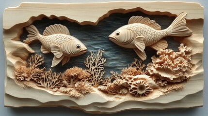 Wood carving of two fish in a coral reef scene