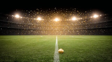 Lowangle shot of a dramatic illuminated soccer pitch with a shining golden trophy on the center circle, surrounded by floating confetti in a victorious celebration under intense stadium lights