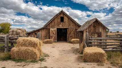 Naklejka premium Traditional countryside barn with single visible hay bale and spacious foreground, perfect for agricultural or fall harvest themed advertisement layout