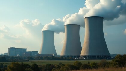 Imposing nuclear facility, massive steam clouds from cooling towers , technology, power plant
