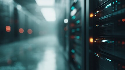 Lowangle view of futuristic ledlit server rack in modern data center with blinking indicators and ambient cool lighting emphasizing digital infrastructure