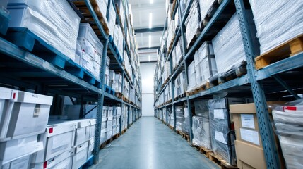 Fototapeta premium Expansive industrial warehouse shelving with white server boxes illuminated by cold blue glow, lowangle ultrawide view into darkness, hightech storage environment, organized and modern feel, copy spa