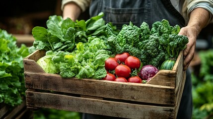 Wooden crate filled with fresh produce, held by hands