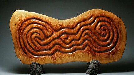 Wooden carving with intricate maze patterns