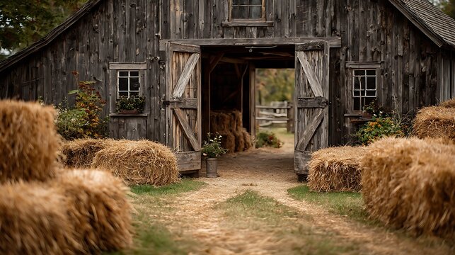 Single hay bale inside classic rural barn with open doors, front yard space ideal for agriculture promotions or fall harvest banner placements