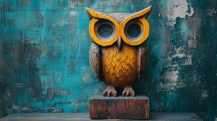 Wooden owl figurine against teal wall