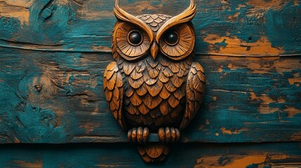 Wooden owl figurine on distressed teal and orange wood planks