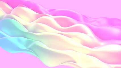 3D render abstract flowing rainbow silk on pink background.
