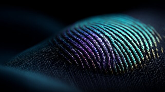 Vibrant neon neural network fingerprint pattern with glowing emerald to violet hues on dark textured background, macro closeup with copy space for technological or scientific design