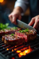 Juicy steaks grilling over open flames, chef's hands slicing a steak , gourmet, embers