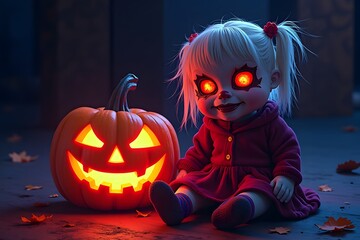 neon freak Conceptual illustration with doll, pumpkin, halloween