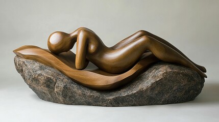 Wooden sculpture of reclining woman on a rock