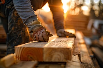 A worker in gloves handling wood planks with sunlight shining in the background at a construction site
