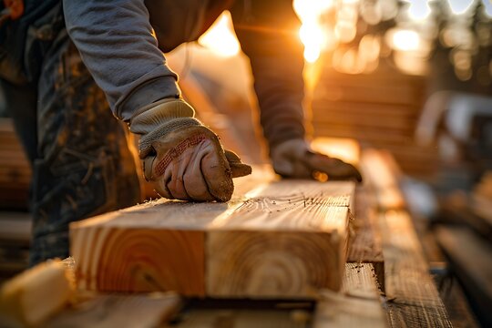 A worker in gloves handling wood planks with sunlight shining in the background at a construction site