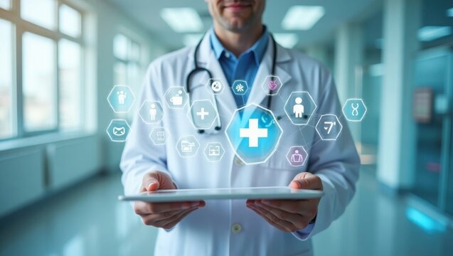 Doctor hands using tablet with AI healthcare interface, virtual medical icons, clinical data visualization, modern healthcare technology system