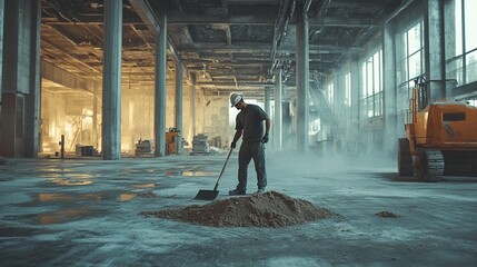 Worker sweeps debris in a large, empty industrial building