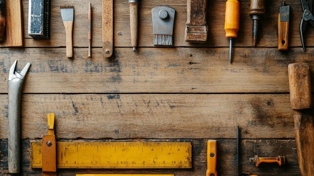 Wooden workbench with various carpentry tools - Powered by Adobe