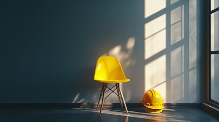 Yellow chair and hard hat in sunlit room