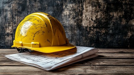 Worn yellow hardhat atop blueprints on rustic wood