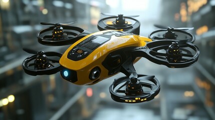 Yellow drone in urban setting
