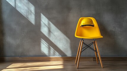 Yellow chair with hard hat against a gray wall. Sunlight casts shadows