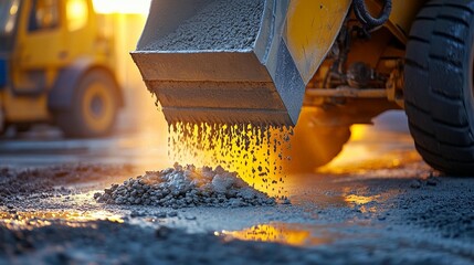 Yellow construction vehicle pouring concrete onto road at sunset