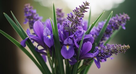 Obraz premium Purple Iris and Lavender Bouquet - Close-up of a vibrant bouquet featuring purple irises and lavender, showcasing their delicate petals and lush green stems